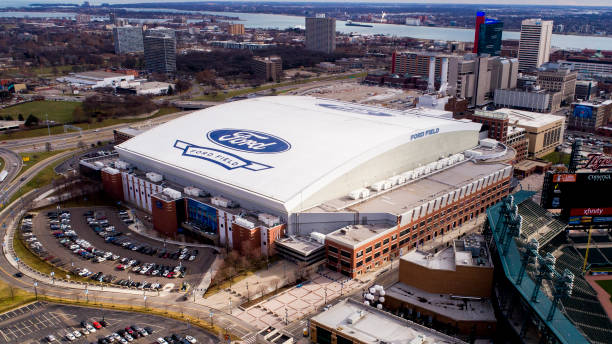 An aerial view of Ford Field in Detroit, MI An aerial view of Ford Field in Detroit, MI michigan football stock pictures, royalty-free photos & images