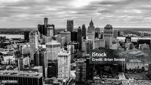 An Aerial View Of The Detroit City Skyline Stock Photo - Download Image Now - Detroit - Michigan, Urban Skyline, Black And White