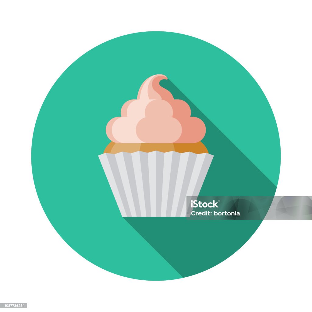 Cupcake Flat Design Prom Icon A flat design icon with a long shadow. File is built in the CMYK color space for optimal printing. Color swatches are global so it’s easy to change colors across the document. Cupcake stock vector