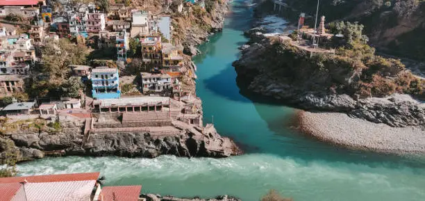 Alaknanda and Bhagirathi rivers meet and take the name Ganga at Devprayag, Uttarakhand, India.