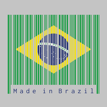 Barcode set the color of Brazil flag, green yellow and green color in white background with text: Made in Brazil. concept of sale or business.
