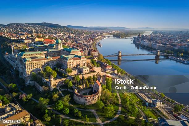 Budapest Hungary Beautiful Aerial Skyline View Of Budapest At Sunrise With Szechenyi Chain Bridge Over River Danube Matthias Church And Parliament Stock Photo - Download Image Now