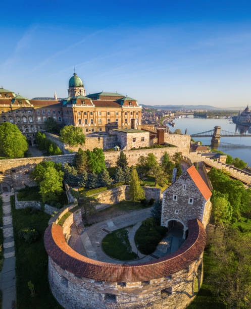 Budapest, Hungary - Beautiful Buda district and South Rondella with Szechenyi Chain Bridge stock photo