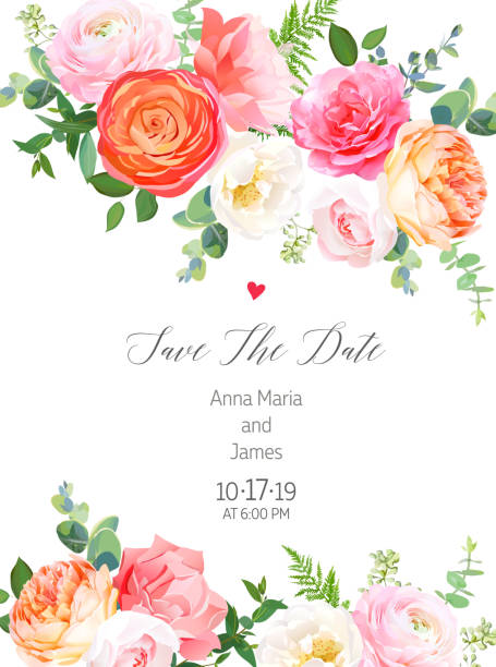 Pink rose, orange ranunculus, juliet garden rose, coral carnation flowers, eucalyptus Floral vector design vertical frame.Pink rose, orange ranunculus, juliet garden rose, coral carnation flowers, eucalyptus, forest fern, greenery.Wedding elegant card.Elements are isolated and editable pink flower frame stock illustrations