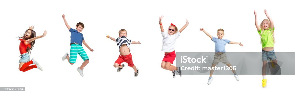 The kids dance school, ballet, hiphop, street, funky and modern dancers The kids dance school, ballet, hiphop, street, funky and modern dancers on white studio background. Girls and boys is showing aerobic and dance element. Teen in hip hop style. Collage Child Stock Photo