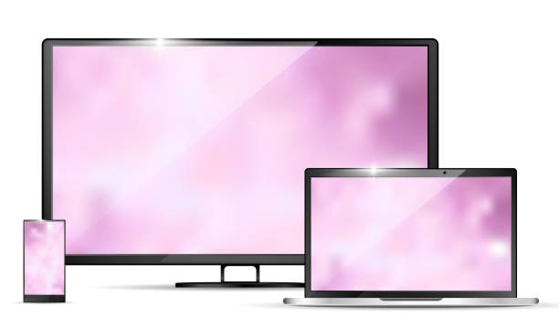 現代現実的なテレビ、ノート パソコン、白の背景にスマート フォン。ベクトルの図。 - netbook white laptop computer点のイラスト素材／クリップアート素材／マンガ素材／アイコン素材