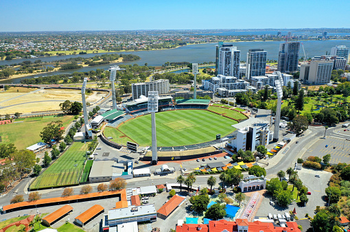 Perth Western Australia - December 24 2018: Aerial view of the Western Australian Cricket Association Ground (WACA Ground) in East Perth, the home of cricket in WA