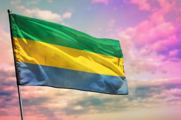istock Fluttering Gabon flag on colorful cloudy sky background. Prosperity concept. 1087773766