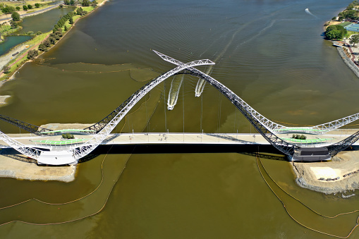 Aerial view of the Matagarup pedestrian bridge over the Swan River in Perth Western Australia