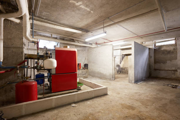 istock Basement with red heating boiler and dirty floor in old house interior 1087779480