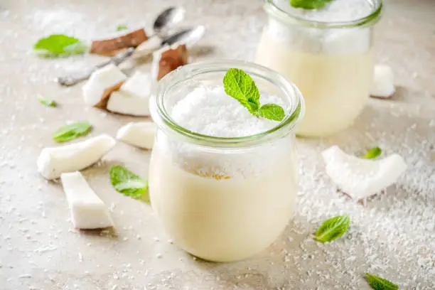Photo of Vegan coconut panna cotta dessert in glass jar