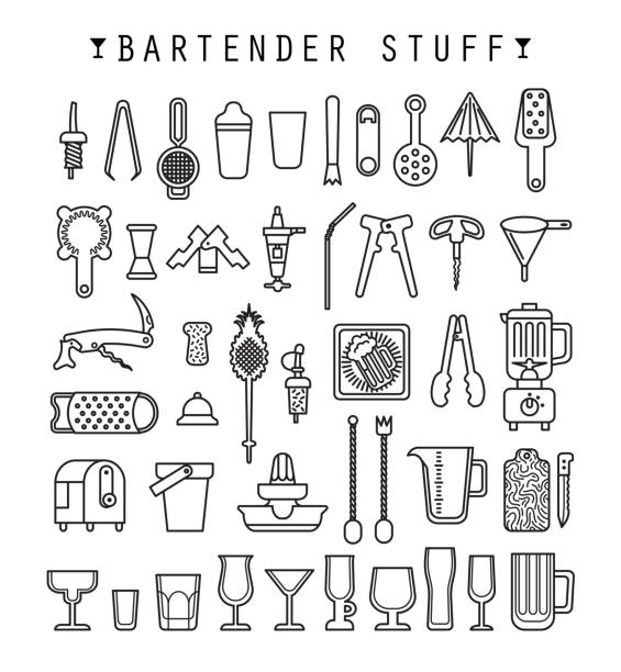 ilustraciones, imágenes clip art, dibujos animados e iconos de stock de cosas de bartender. diseño plano. vector. - bartender