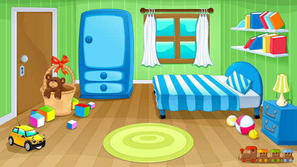 Funny bedroom with toys vector art illustration