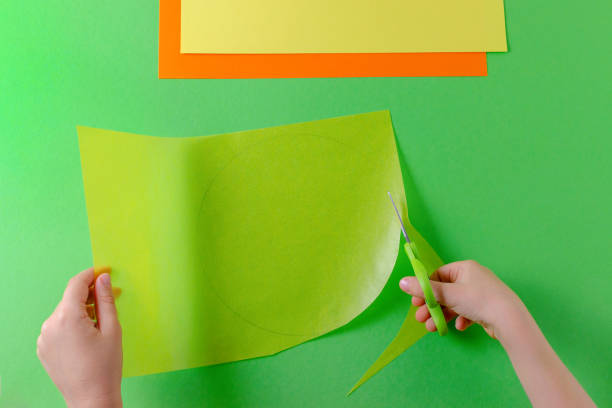 istock child's hands cut circle on transparent paper with scissors, top view, on green 1087799664