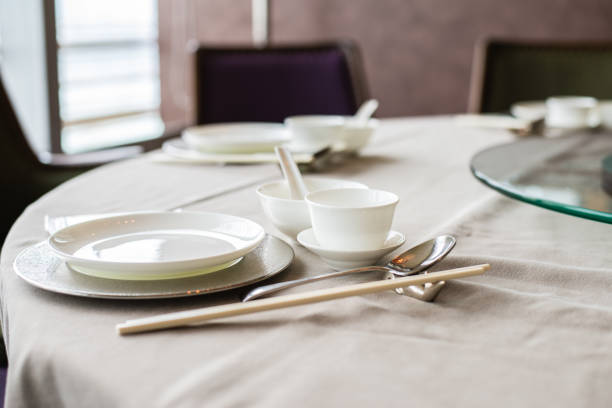 istock beautiful table setting with china porcelain and chopsticks eating utensils 1087799870