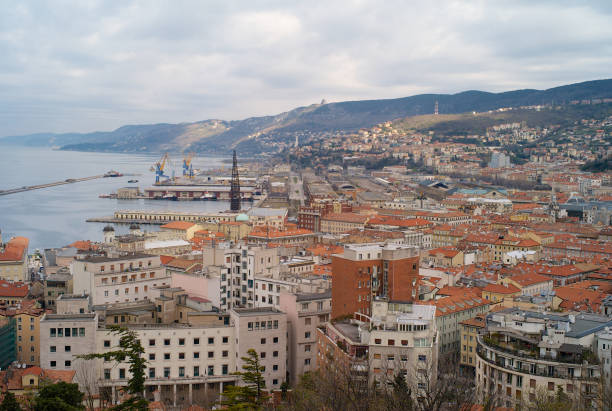 The Old Port and City Center of Trieste from Above The city center and old town of Trieste from above with the old port in the background. trieste stock pictures, royalty-free photos & images
