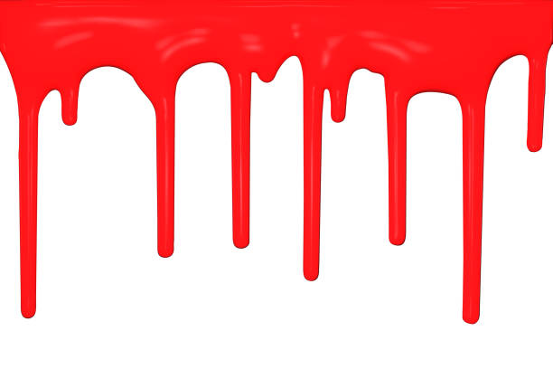 istock Red paint dripping, flowing streams of drops isolated on white background , 3D rendering. 1087811174