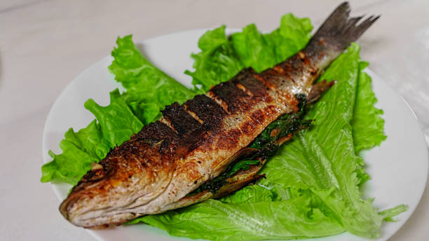 sea bass, grilled sea bass, food, fish, dinner - sea bass prepared fish food grilled imagens e fotografias de stock