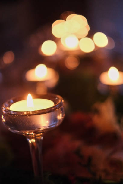 istock Alignment of burning candle lights, serenity symbols. wedding decor, selective focus, blurred background 1087817450