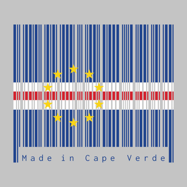 Barcode set the color of Cape Verde flag, blue white and red with the circle of ten star on grey background. Barcode set the color of Cape Verde flag, blue white and red with the circle of ten star on grey background, text: Made in Cape Verde. concept of sale or business. cape verde stock illustrations