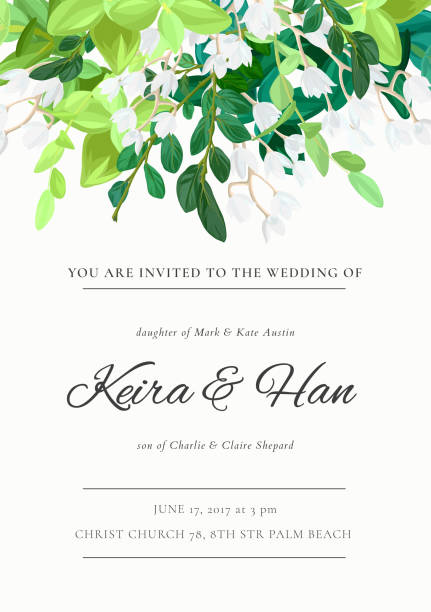 꽃 청첩장 또는 날짜 저장 카드 녹색 잎, succulents, 유 칼 리 나무와 화이트 꽃을 수 있습니다. 벡터 일러스트입니다. - wedding invitation invitation formalwear flower stock illustrations