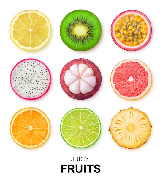 Isolated fruit slices Isolated fruits slices. Pieces of lemon, kiwi, passion fruit, dragon fruit, mangosteen, grapefruit, orange, lime and pineapple isolated on white background with clipping path lemon fruit stock pictures, royalty-free photos & images