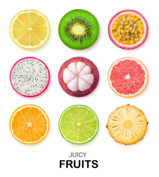 Isolated fruits slices. Pieces of lemon, kiwi, passion fruit, dragon fruit, mangosteen, grapefruit, orange, lime and pineapple isolated on white background with clipping path