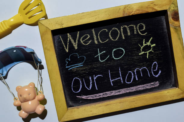 Welcome to Our Home on phrase colorful handwritten on blackboard
