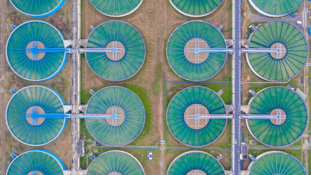 istock Aerial top view water treatment plant, Aerial top view recirculation solid contact clarifier sedimentation tank. 1087833668