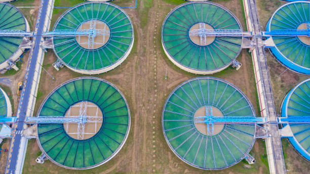 istock Aerial top view water treatment plant, Aerial top view recirculation solid contact clarifier sedimentation tank. 1087833680
