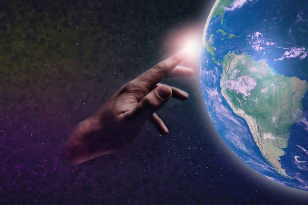Forefinger touches a earth pixel in infinite space. Mixed Media. Concept matrix universe.