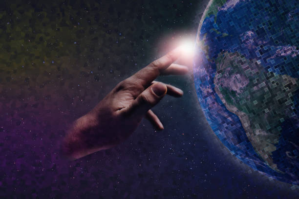 istock Forefinger touches a earth pixel in infinite space. Mixed Media. Concept matrix universe. 1087839432