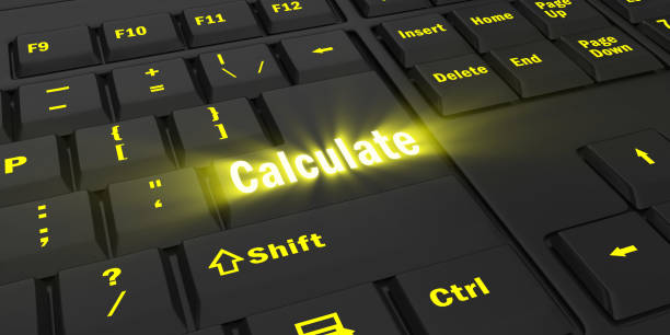 istock yellow glowing Calculate key on black keyboard 1087847898