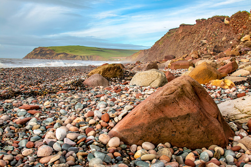 The stony beach at St. Bees head in Cumbria. Coastal erosion has played its part in shaping the landscape. Shot just before Christmas, 2018.