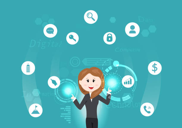 istock Business technology, woman working with information, data, investment, sign and symbol futuristic background vector illustration 1087862664