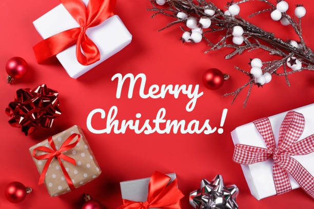 istock Christmas presents and accessories on red. 1087863666