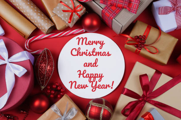 istock Christmas presents and accessories on red. 1087863706