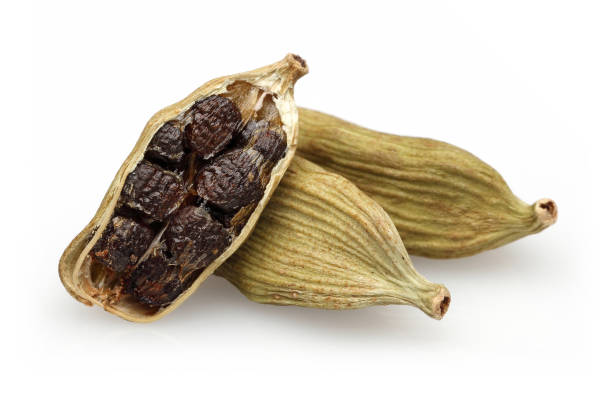 istock Green cardamom pods and seeds on white background 1087876406