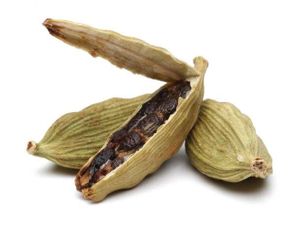 istock Green cardamom pods and seeds on white background 1087876452