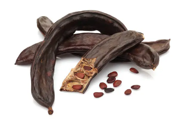 Photo of Ripe carob pods and seeds on white background