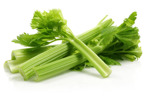 gambi di sedano fresco su sfondo bianco - celery leaf celeriac isolated foto e immagini stock