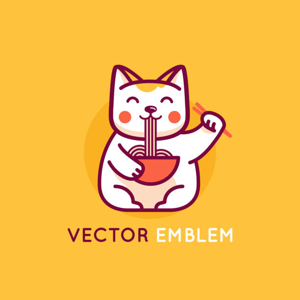 Vector logo design template in cartoon flat linear style - smiling maneki cat eating noodles Vector logo design template in cartoon flat linear style - smiling maneki cat eating noodles - emblem, mascot, sticker or badge for asian food store or delivery kawaii cat stock illustrations