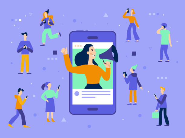 Vector illustration in flat simple style with characters - influencer marketing concept Vector illustration in flat simple style with characters - influencer marketing concept - blogger promotion services and goods for her followers online audience illustrations stock illustrations
