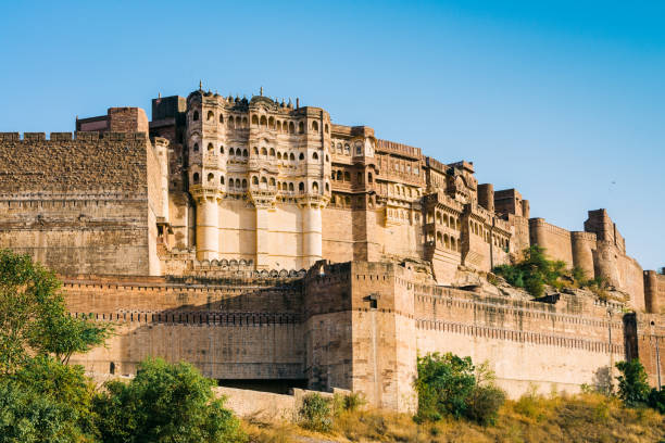 Mehrangarh Fort facade detail at dusk.