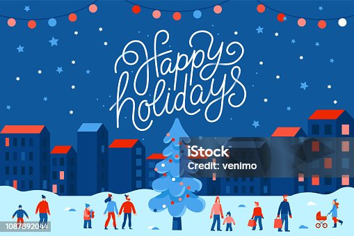istock Vector illustration in flat simple style with hand lettering happy holidays -  Christmas greeting card 1087892044