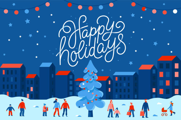Vector illustration in flat simple style with hand lettering happy holidays -  Christmas greeting card Vector illustration in flat simple style with hand lettering happy holidays -  Christmas greeting card, banner, poster with people at festival seasonal market and fair at town square family trips and holidays stock illustrations