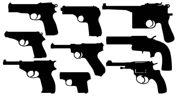 ilustrações, clipart, desenhos animados e ícones de pistolas de vindima. coleção de arma. armas da segunda guerra mundial. conjunto de silhueta vector - computer shooting handgun gun