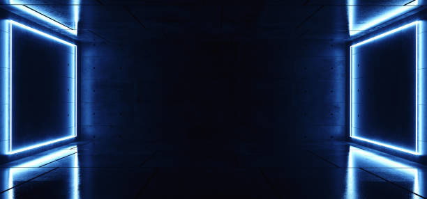 istock Modern Elegant Futuristic Neon Blue Glowing Rectangle Lights In Dark Empty  For Text Room Grunge Reflective Concrete Background 3D Rendering 1087898776