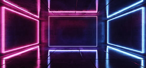 istock Modern Elegant Futuristic Neon Blue Purple Pink Glowing Rectangle Lights In Dark Empty  For Text Room Grunge Reflective Concrete Background 3D Rendering 1087899872