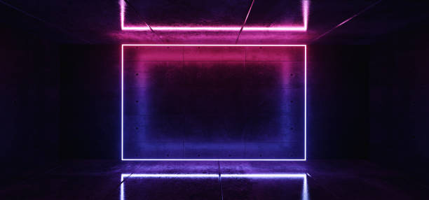 istock Futuristic Modern Sci Fi Neon Glowing Purple Pink Blue Gradient Empty Rectangle Frame Tube For Text On Grunge Rough Concrete Room 3D Rendering 1087900958